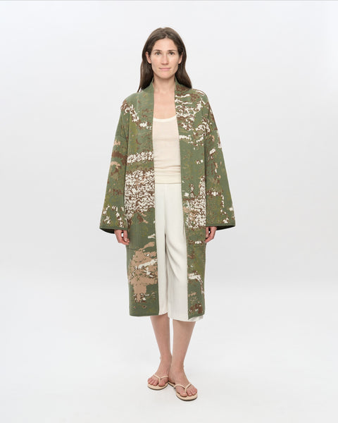 The PALM GROVE long cotton jacquard kaftan by ZALIVAKO – front view on model, olive green side