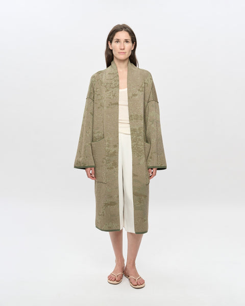 The PALM GROVE long cotton jacquard kaftan by ZALIVAKO – reverse sage side, front view
