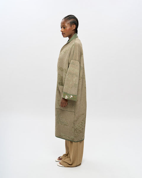 The PALM GROVE long cotton jacquard kaftan by ZALIVAKO – reverse sage side, side view