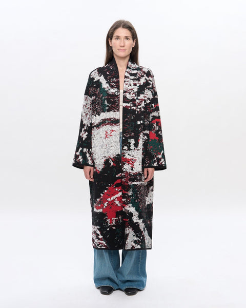 The URUSHI long cotton jacquard kaftan by ZALIVAKO – front view on model, black and red side