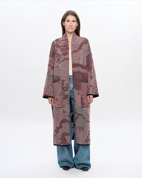 The URUSHI long cotton jacquard kaftan by ZALIVAKO – reverse dusty rose side, front view